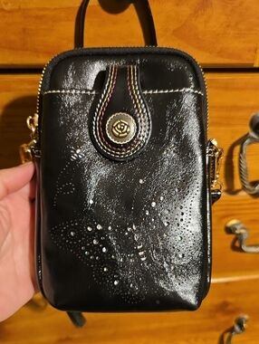 Black Patent Crossbody Phone Pouch with Decorative Rose Accent